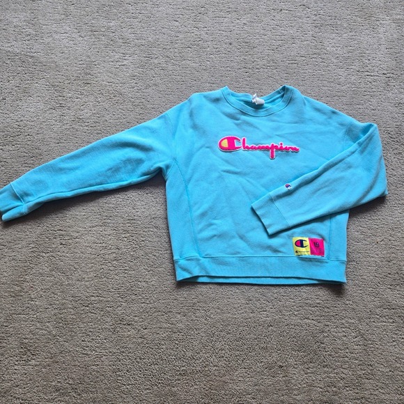Champion Tops - Champion Reverse Weave Sweatshirt Womens Small Blue Pink Chenille Script Logo